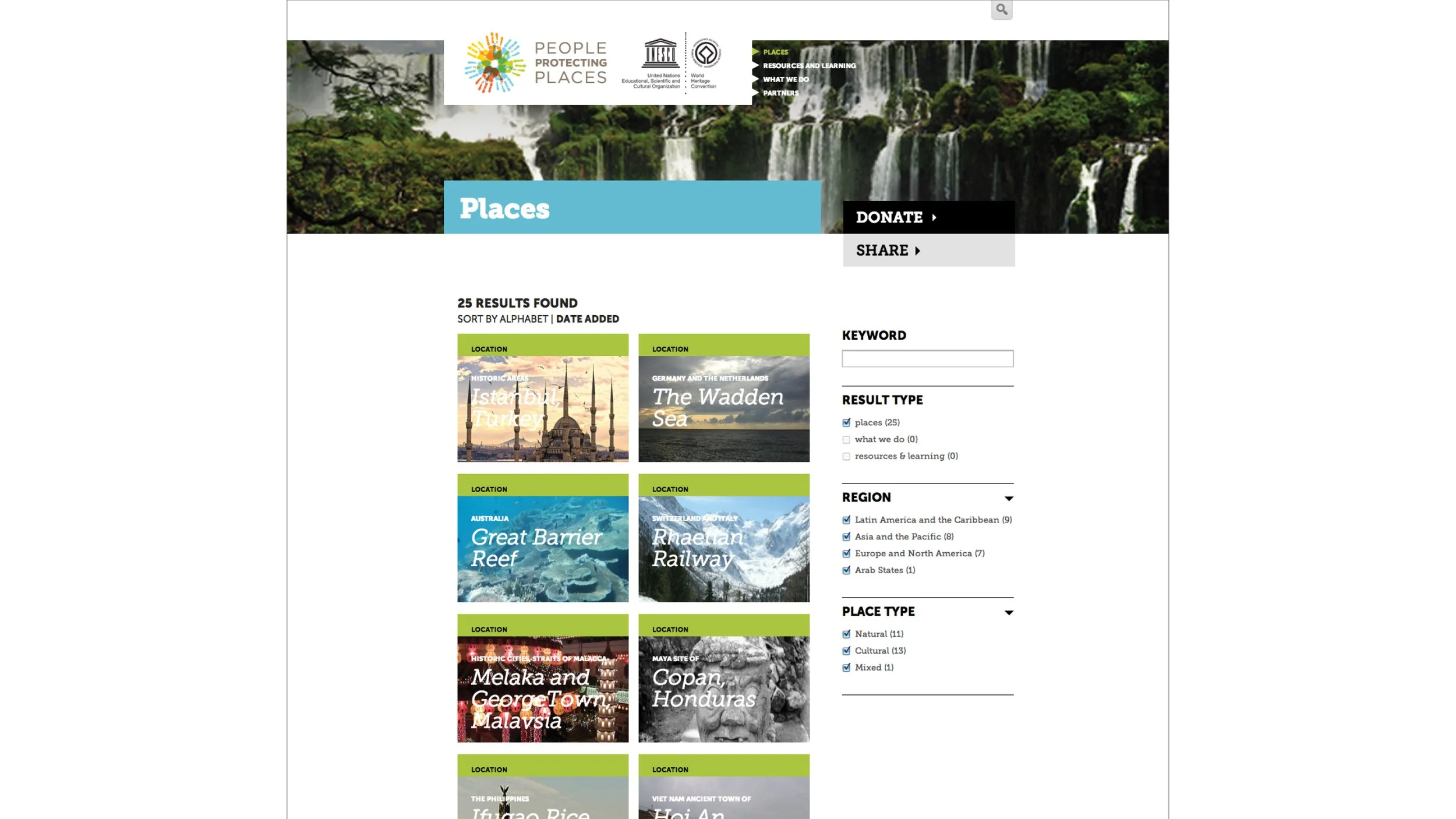 Screenshot of a website titled 'People Protecting Places' featuring a waterfall, with options to donate or share and sections listing various locations such as Istanbul, The Wadden Sea, Great Barrier Reef, Rhaetian Railway, Melaka, Copan, and Hoi An.