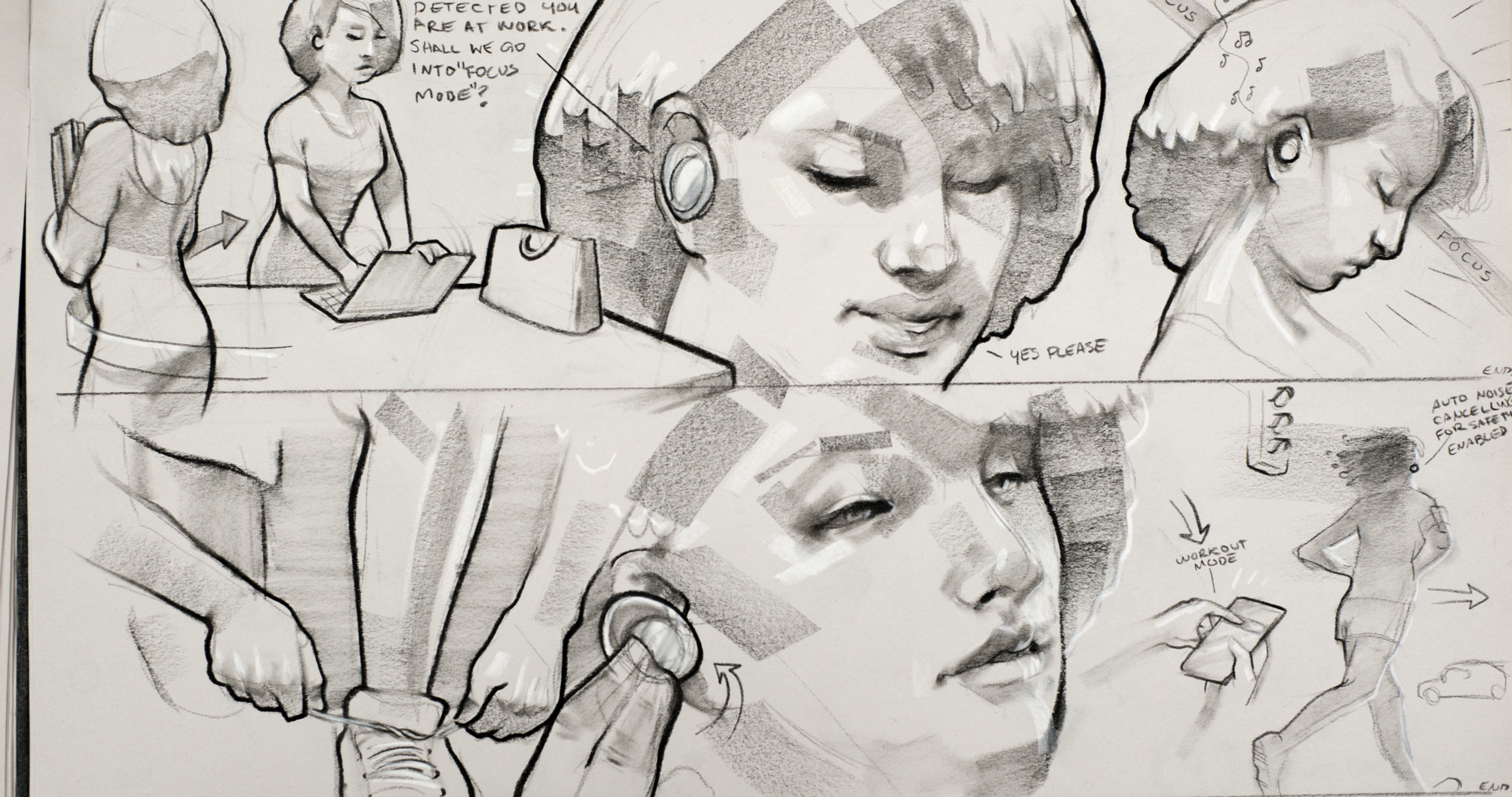 Sketch comic strip with women in workout and technology scenarios, including dialogue about focus mode, noise-canceling, and working out with music.