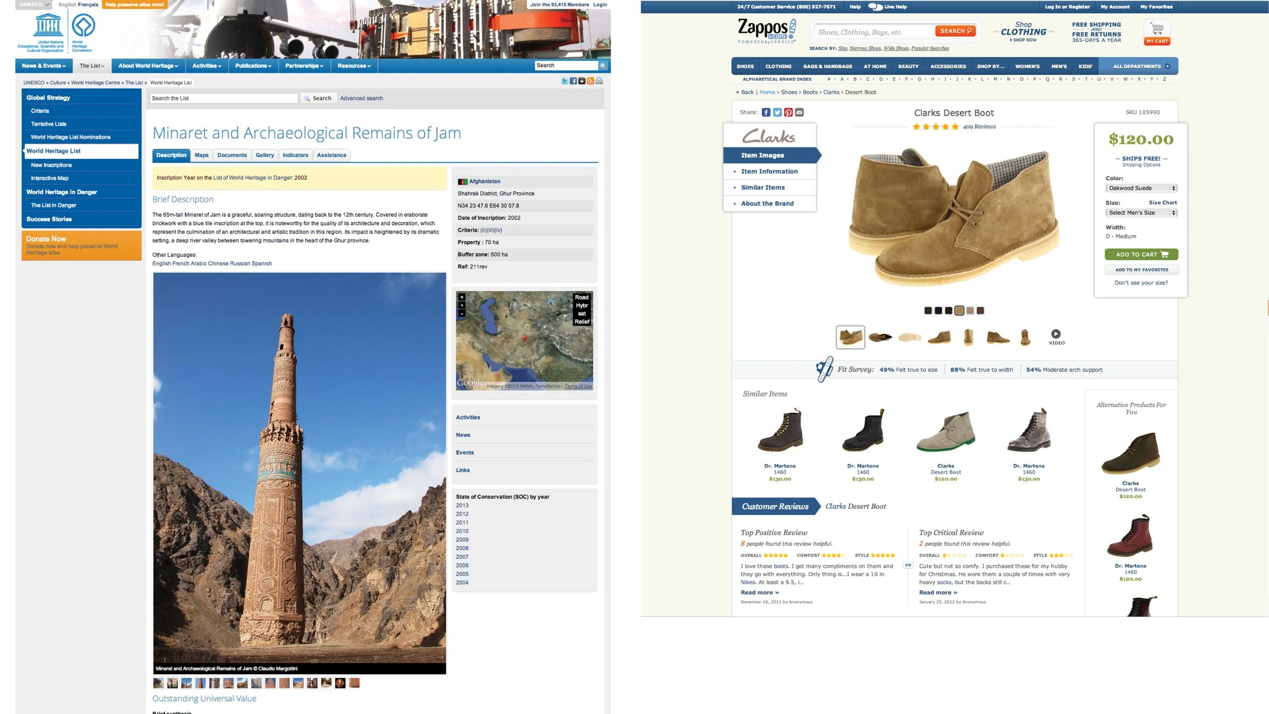 A screenshot showing two web pages. The left page is from UNESCO with a photo of an ancient tower or minaret against a blue sky, and the right page is an online shoe store featuring desert boots in various colors.