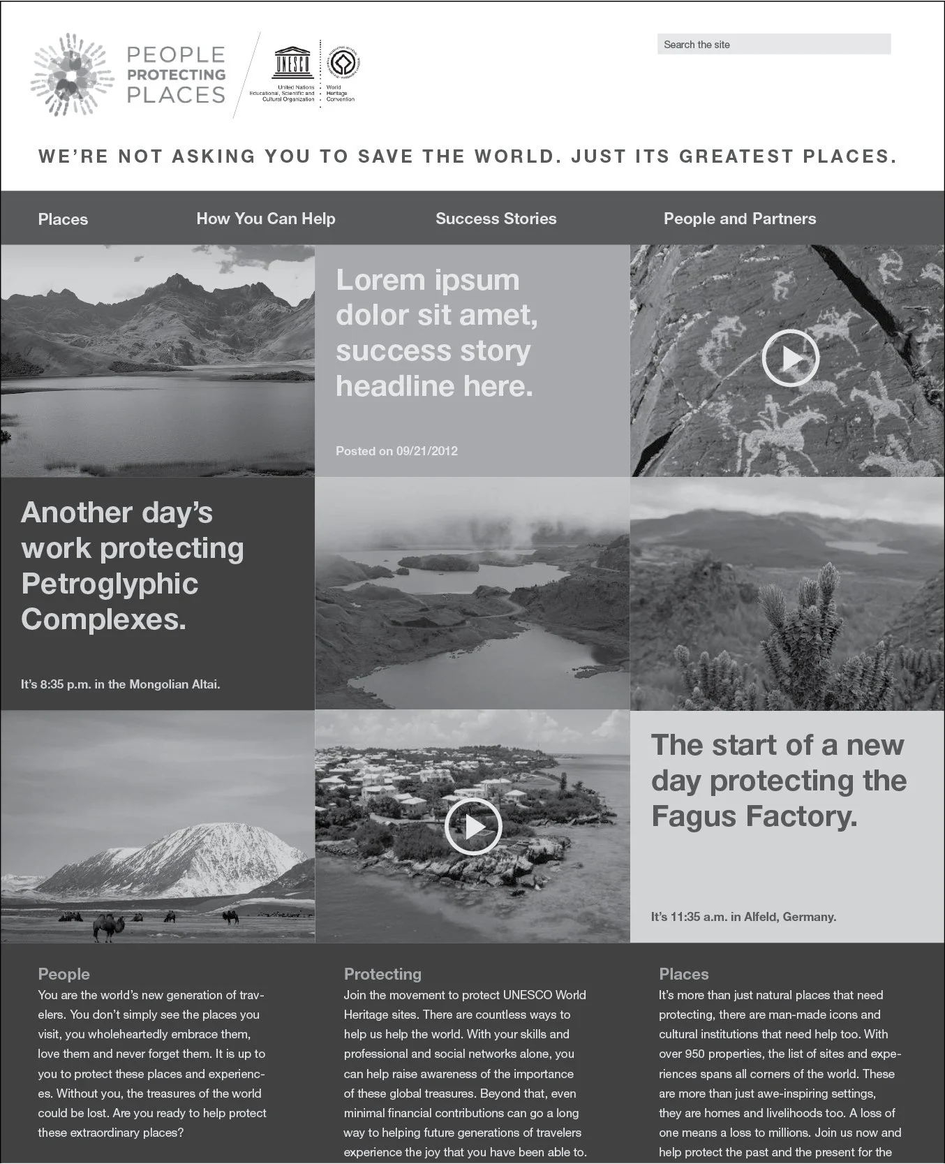 Website page focused on protecting UNESCO world heritage sites, with various black and white images of natural landscapes and cultural landmarks, including mountains, lakes, and historical sites, along with informational text.