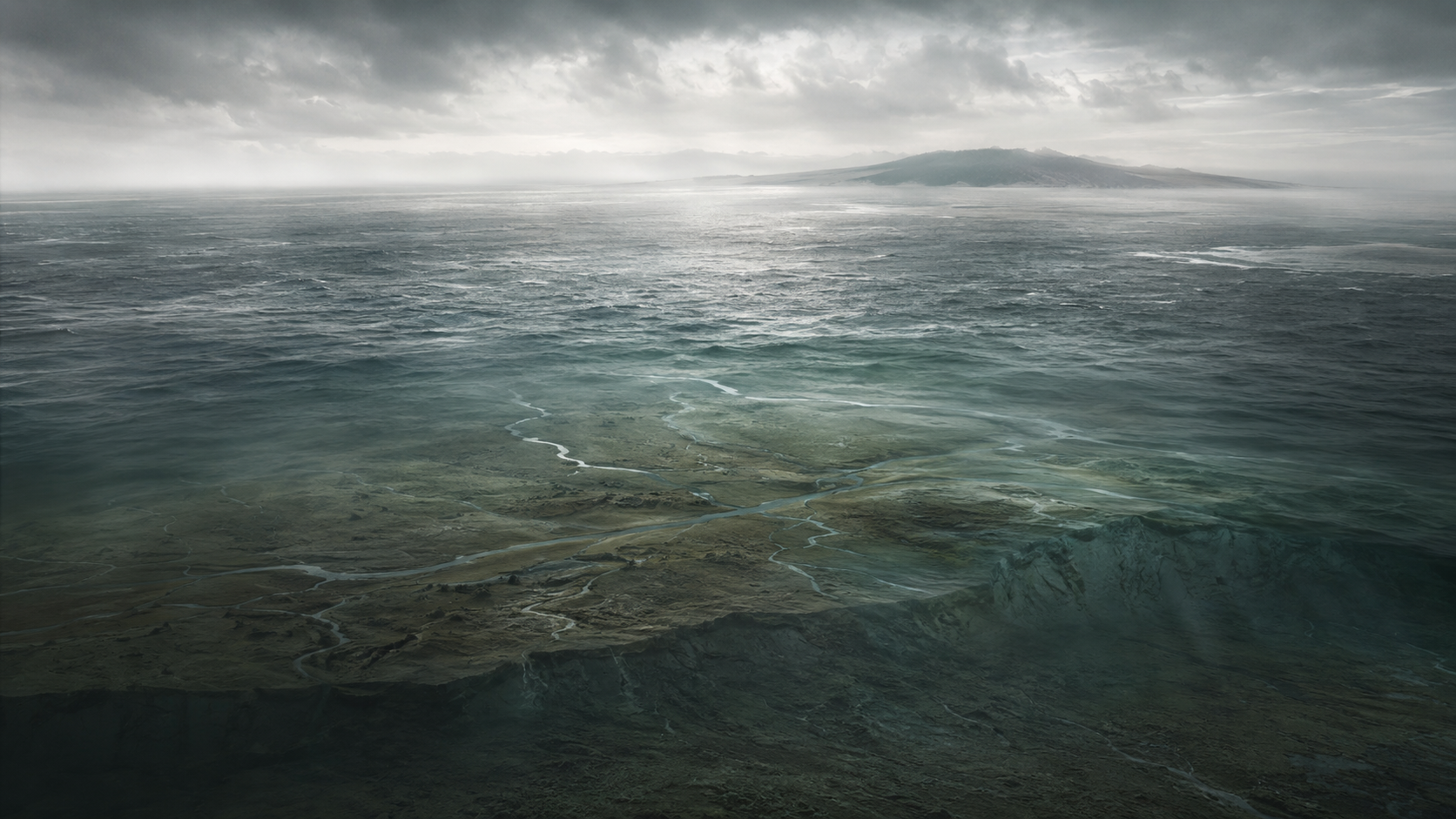Doggerland som ett förlorat förhistoriskt landskap under Nordsjön, med kustlinjer och flodfåror synliga under vattnet.