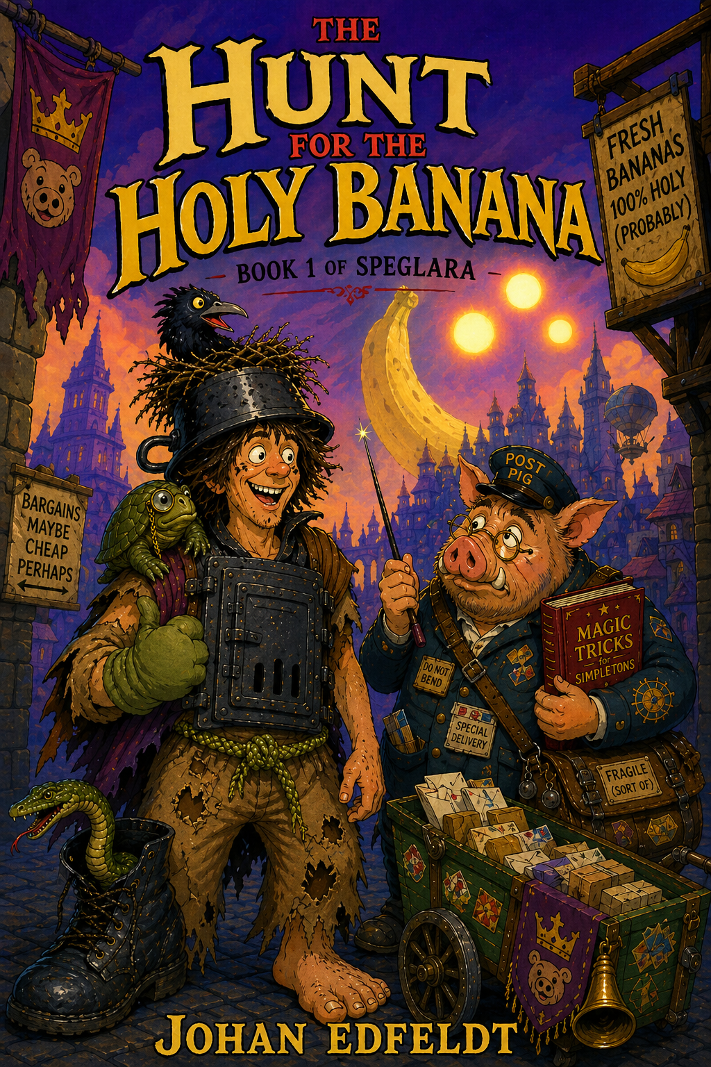 The cover of The Hunt for the Holy Banana, Book One of Speglara by Johan Edfeldt.