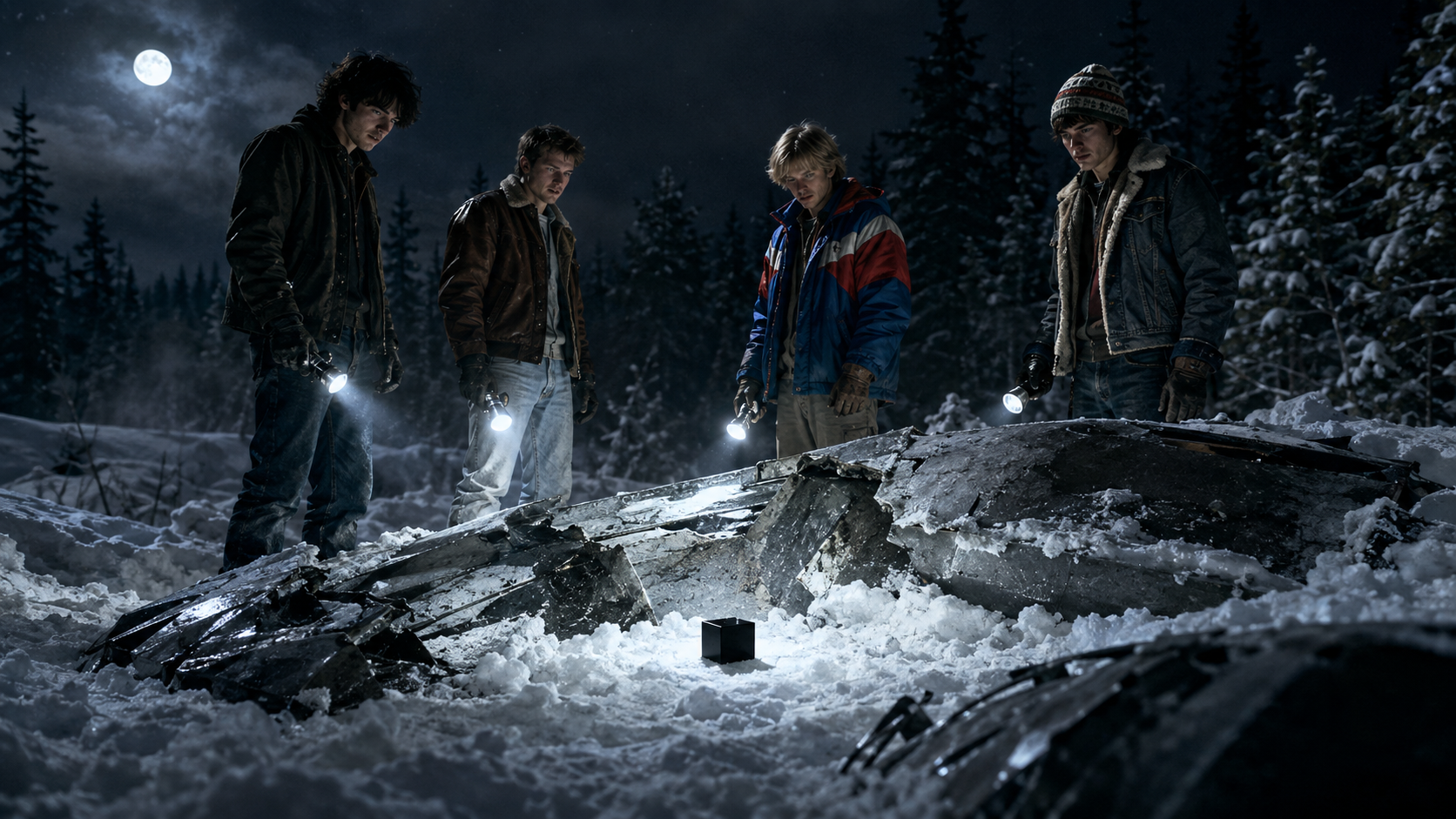 Fyra unga män vid ett kraschat föremål i snön på Idre Fjäll, med en liten svart kub framför vraket.