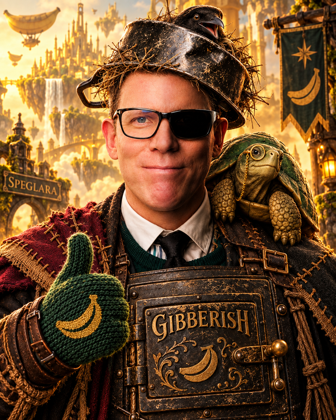 Johan Edfeldt in a Speglara-inspired fantasy portrait, wearing a cooking-pot helmet and eyepatch, with a crow, Greenback the tortoise and a banana mitten against the magical city of Chimera.