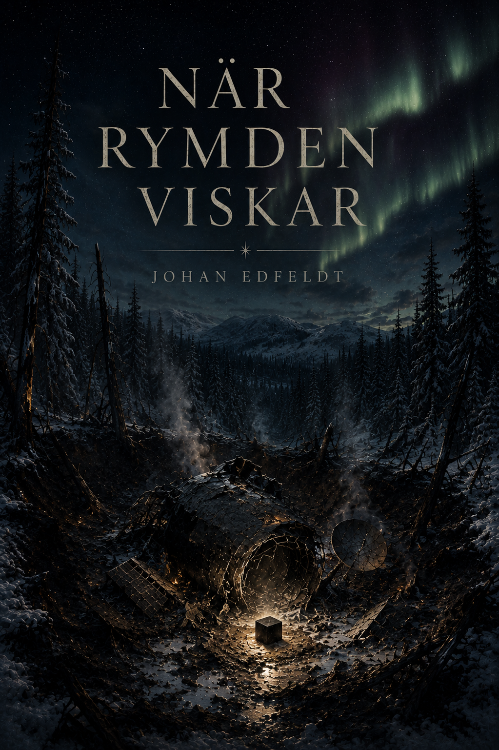 Bokomslag till När rymden viskar av Johan Edfeldt, med en glödande svart kub i en snötäckt krater under norrskenet.