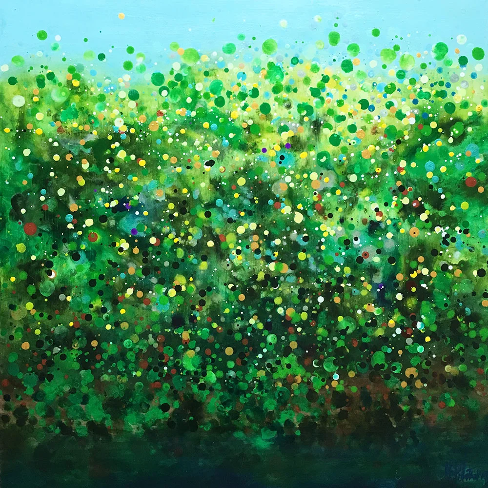 Sounds of Summer Acrylic on Wood 20”x20” completed 2019 for Upper Saco Valley Land Trust’s Art Celebrates Place A whir of dots layers over washes of paint, illustrating the vibration of the sounds made by insects on a midsummer sunny day. The colors and brush strokes are representative of the alive, lush landscape along the Saco River in summer. Inspired by the landscape of Pine Hill Community Forest.