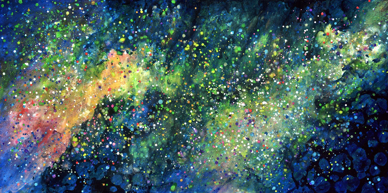 The Light That Can Be Heard In Sami language, the Northern Lights are called “Guovssahas”, which translates to “The Light that Can Be Heard”. Acrylic paint, ink, powdered pigments and resin make up this mixed media painting. Powdered pigments give the illusion the lights dance across the sky like moving sand.