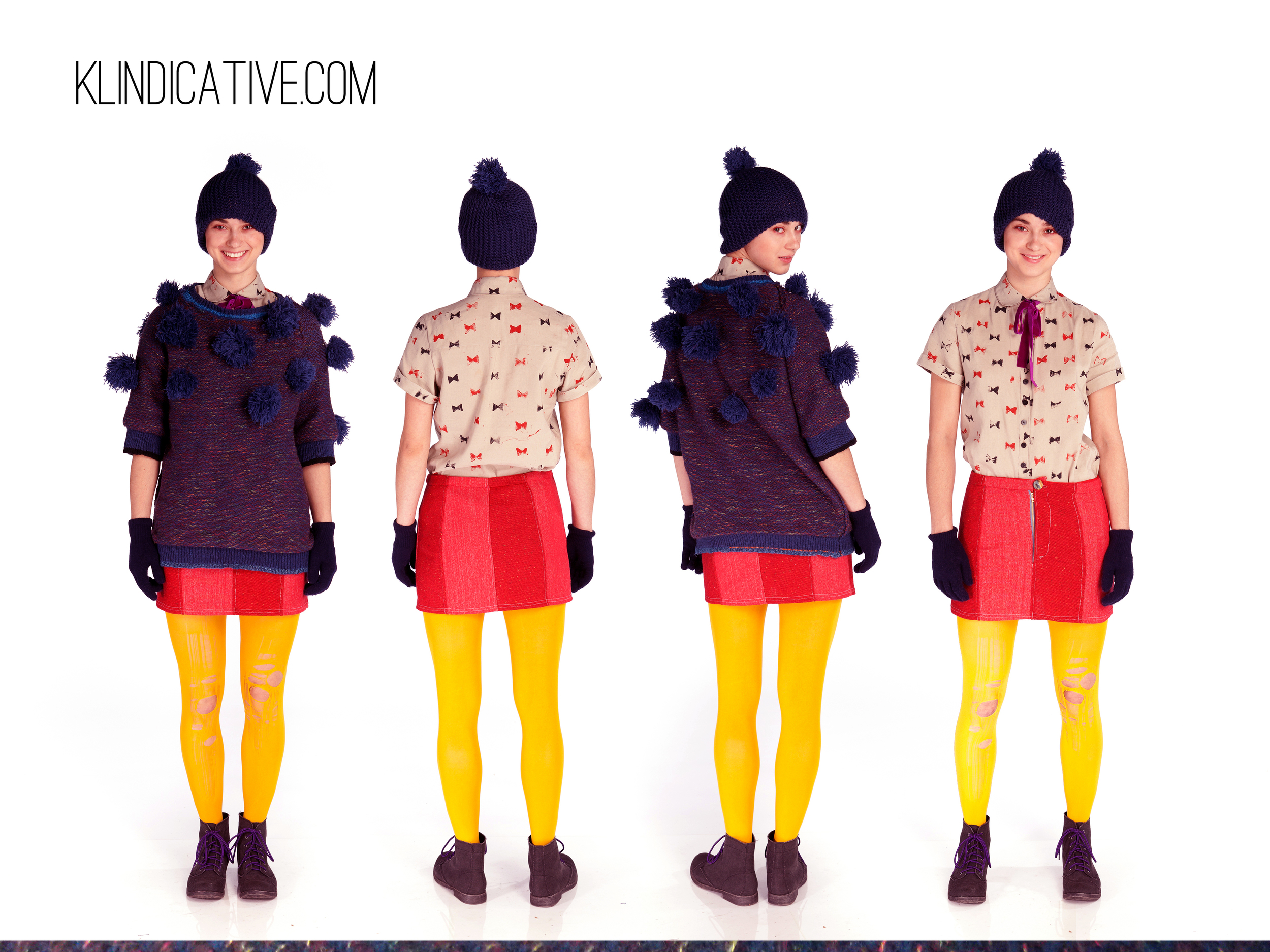  machine knit navy/rainbow sweater with detachable pom poms. wood block printed bow-tie linen button up, paneled red denim and wool skirt. modeled by Hannah Soukup. 