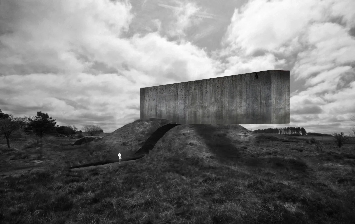 Cut and Volume is a project which consist in making a land cut in a hill and then using the measure of that space to build a lying monolith pointing the work in the landscape. The work is the juxtaposition of the natural form of the landscape with a rational geometry construction product of our culture. The works is inspired in the passage graves (Jættestue) and dolmens, iconic constructions of the danish prehistory. Although the work is not a funerary but focused in creating an aesthetic experience, like the monolithic tombs emphasizes by its structure that we are united to the land we inhabit and contains us. Entering the passage your own walking creates the feeling of entering into the the land while the sky and the monumental concrete piece accompany your experience from above. The piece is a conjugation between landscape and architecture, between exposure and shelter. Corte y Volumen es un proyecto que consiste en hacer un corte de la tierra en una colina y luego utilizando la medida del espacio para construir un monolito recostado que señala el trabajo en el paisaje. La obra es una yuxtaposición de la forma natural del paisaje con un producto de construcción geometría racional de nuestra cultura. Las obras se inspira en los sepulcros de paso (Jættestue ) y dólmenes , construcciones emblemáticas de la prehistoria danesa . Aunque el trabajo no es una funerario , se centra en la creación de una experiencia estética , como en las tumbas monolíticas que destacan en su estructura que estamos unidos a la tierra que habitamos y nos contiene . Entrando en el pasaje el propio caminar crea la sensación de entrar en la tierra , mientras que el cielo y la pieza de hormigón monumental acompañan la experiencia desde arriba. La pieza es una conjugación entre el paisaje y la arquitectura, entre el descubierto y la vivienda. 