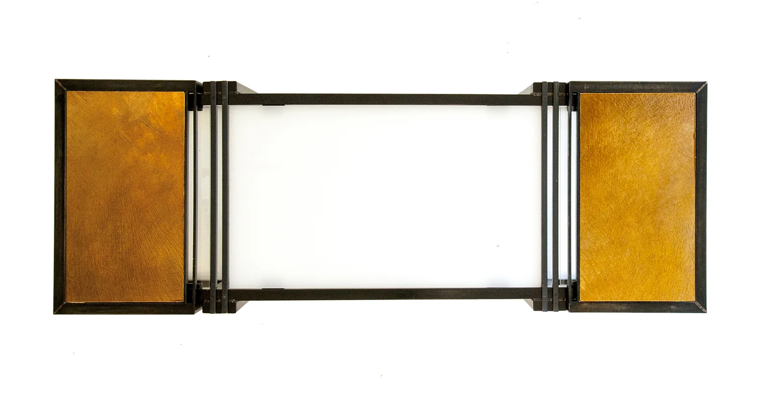 Copper end tables with top removed to show plexi-glass interior