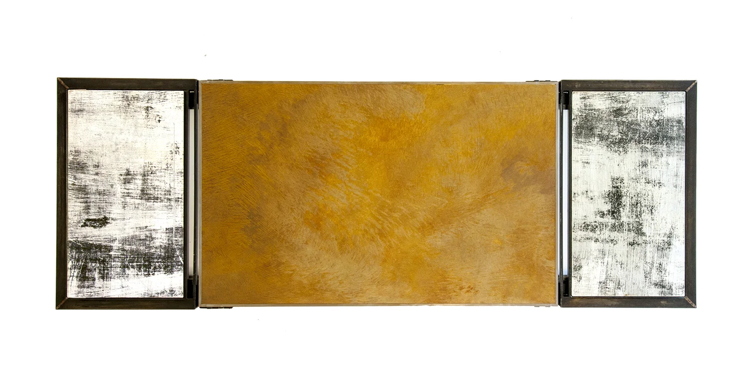 Painted steel end tables with weathered copper center