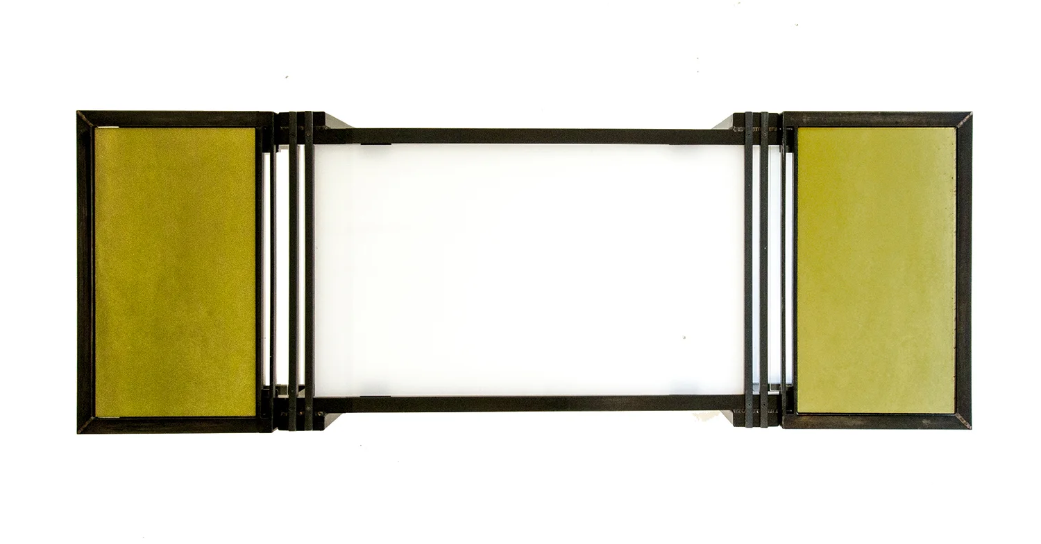 Green light-weight end tables with center top removed showing plexi-glass under belly