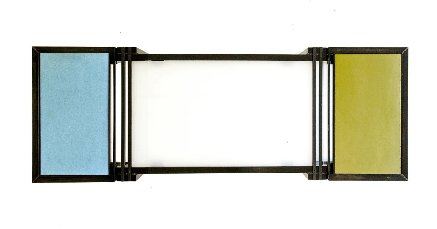 Blue and green light-weight end tables with center top removed showing plexiglass bottom table.