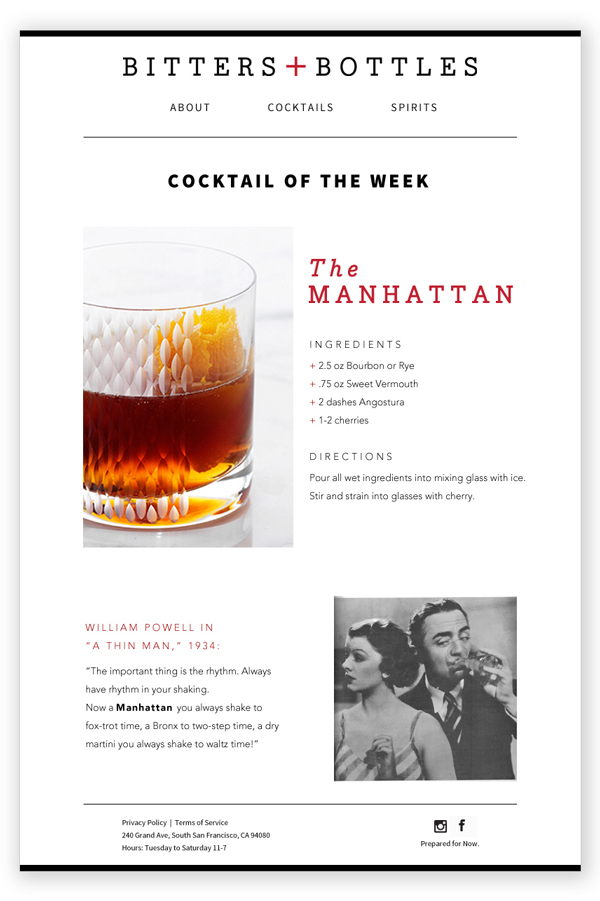 Email example for the Bitters + Bottles Weekly Newsletter and "Sprit Guide"