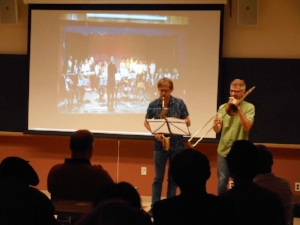 Jorrit Dijkstra (sax) and Jeb Bishop (trombone) improvising around a video of Qasim's music.