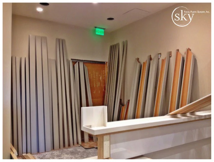 PHOTO: Painted strips of wood standing vertically.