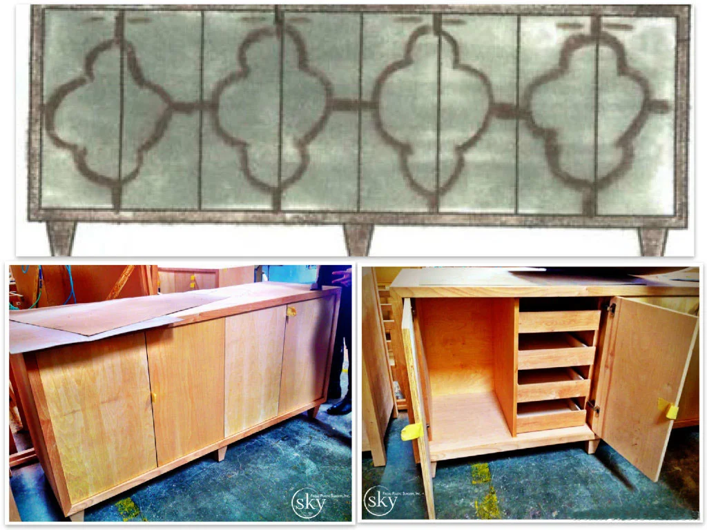 PHOTO: Collage of the concept credenza compared to the construction of it.