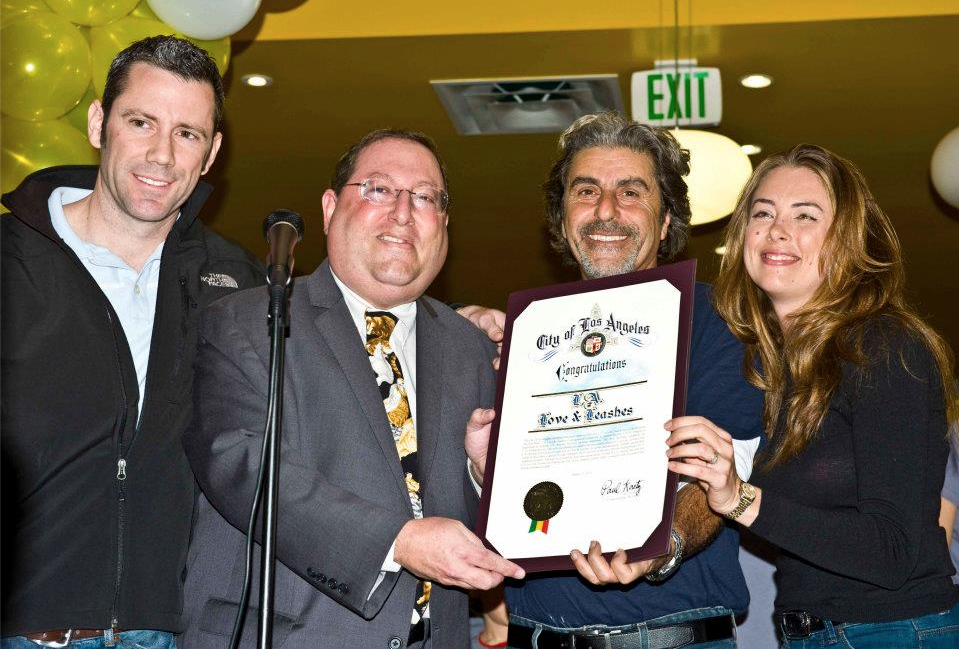Founding board member Amber (far right) accepting an award from Councilmember Koretz at the Jan. 2012 Grand Opening of Friend of L.A. Animal Shelter's trail-blazing "shelter shop".