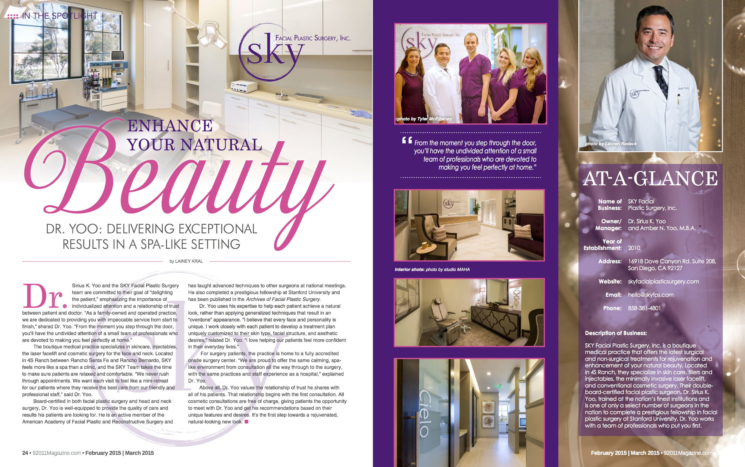 PHOTO: SKY Facial Plastic Surgery featured in 92011 Magazine