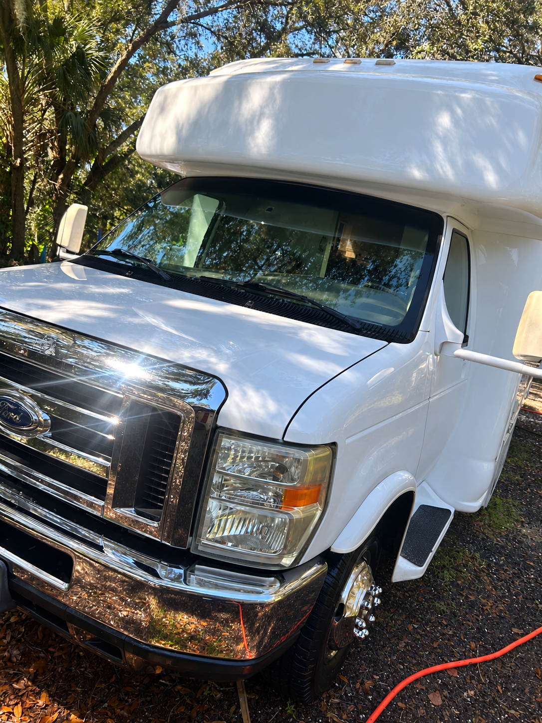 White RV Beneath Dappled Woodland Light.png