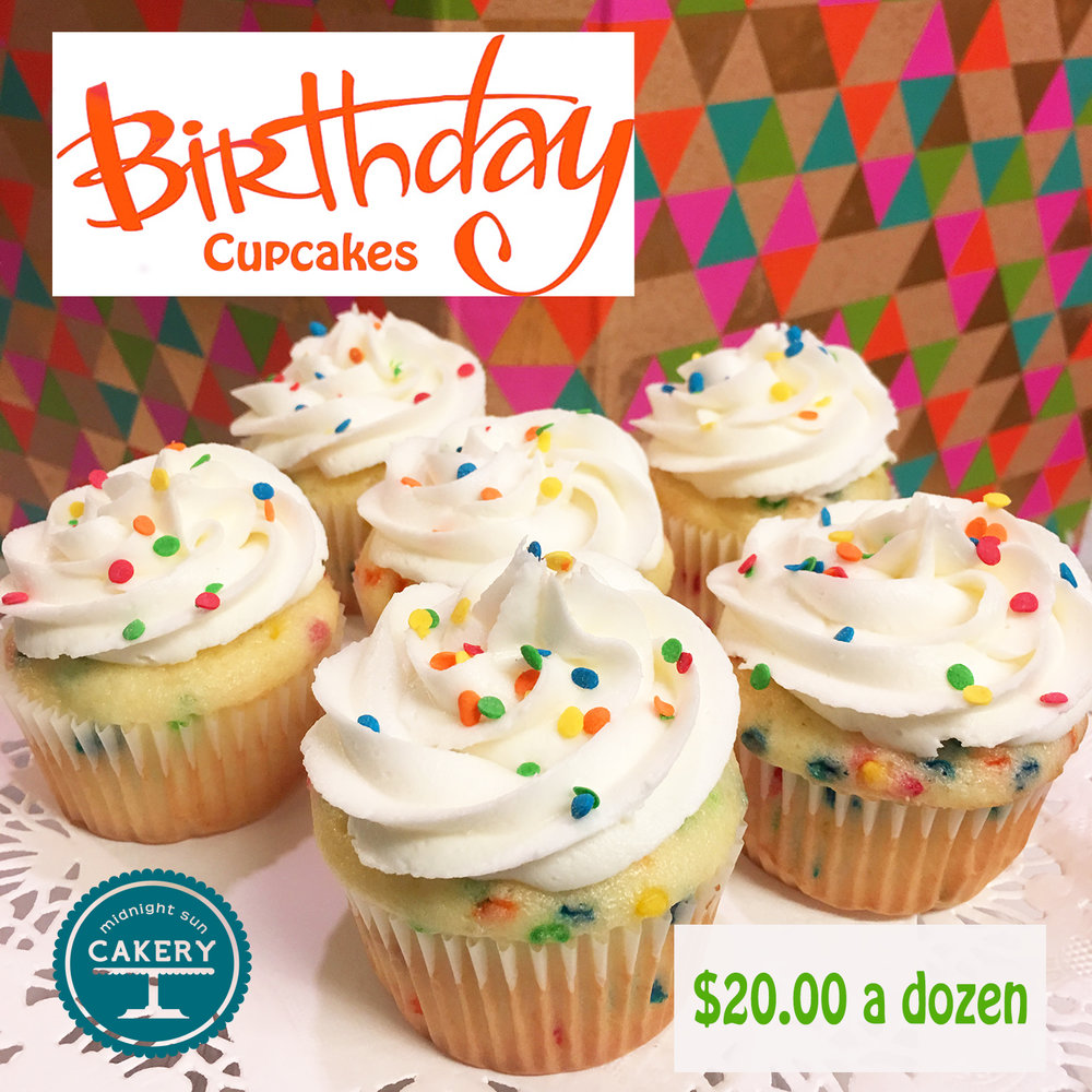 Our delicious white confetti cake iced with simple vanilla buttercream garnished with primary sprinkles. Perfect for those parties at school! These can be ordered "last minute."