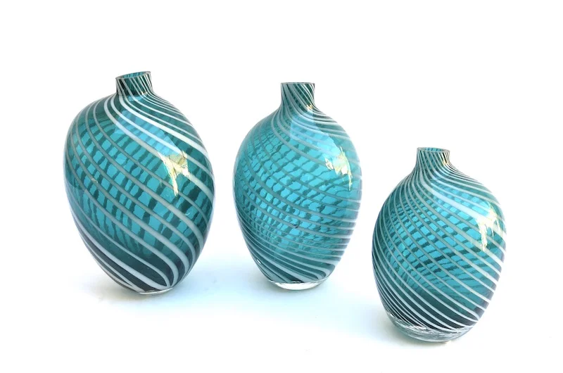 Teal Swirl Striped Glass Vase 5.5x8"h CD7302 6x10"h CD7303 5.75x10.5"h