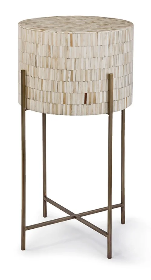 Aged Brass & Variegated Bone Drum Table 13dx25"h RD55-7455