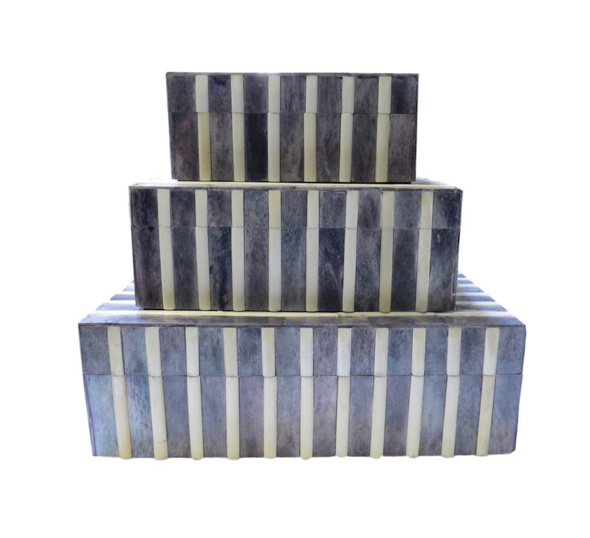 Ribbed Gray and Natural Bone Box BIW722S 5x7x3"h BIW722M 9x7x3.5"h BIW722L 12x10x4"h