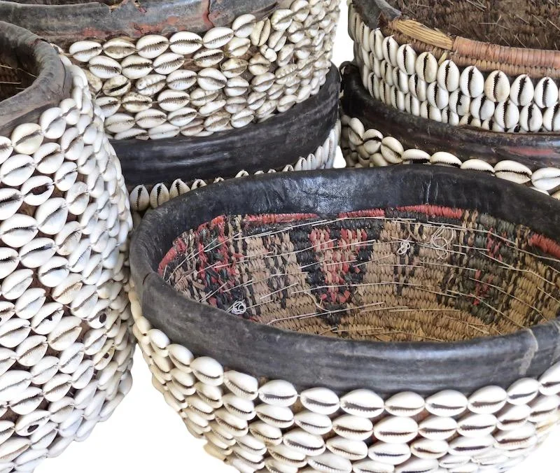 Vintage Shell/Leather Basket, Nigeria 10-11"dx5-7h AF021
