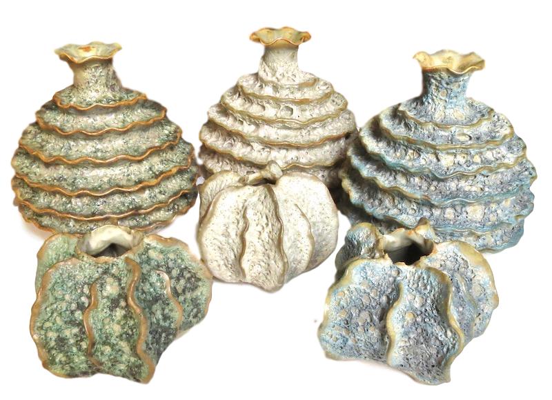 Ceramic Ruffle Top Vase Large 6dx6h +/- Green FTSR114G, Natural FTSR114S, Blue FTSR114B Ceramic Short Luffa Vase 3dx2.5h Green FTSR119G, Natural FTSR119S, Blue FTSR119B