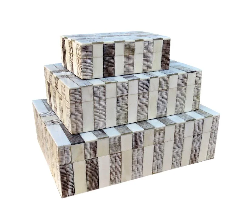 Bone/Etched Horn Striped Box Large 11x8x3h BIT673L Medium 9x6x2.5h BIT673M Small 6x4x2h BIT673S