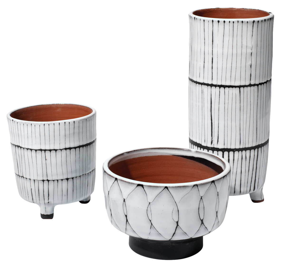 Tall Glazed Terra Cotta Pot White/Black Line Large 5dx12h Medium 5dx6h Small 6.5dx5h