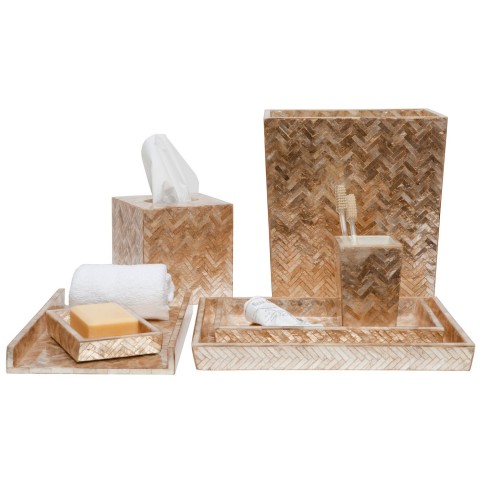 Smoke Chevron Capiz Bath Accessories Large Tray 12.5"L x 9.5"W x 1.5"H PGHANLTRS Small Tray 10.5"L x 6"W x 1.5"H PGHANSTRS Wastebasket 8.5"L x 8.5"W x 11"H PGHANWBS Tissue 5.5"L x 5.5"W x 6"H PGHANTBS Soap Pump 3”L x 3”W x 8”H PGHANSPS