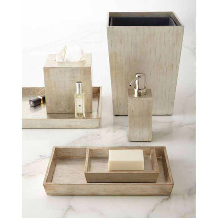 Silver Leaf w/Gold Scratch Bath Accessories Large Tray 13"L x 10"W x 1.5"H PGTANLTRS Small Tray 11"L x 6.5"W x 1.5"H PGTANSTRS Square Waste Basket 8.5"L x 8.5"W x 11"H PGTANSWBLS Tissue Box 5.5"L x 5.5"W x 6"H PGTANTBLS Soap Pump 2.5''L x 2.5''W x 7.5''H PGTANSPLS Canister 4"L x 4"W x 4.5"H PGTANC