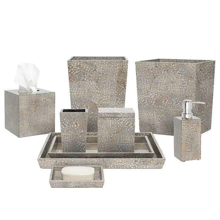 Silver Eggshell Lacquer Bath Accessories Large Tray 13"L x 10"W x 1.5"H PGCALLTRS Small Tray 11"L x 6.5"W x 1.5"H PGCALSTRS Wastebasket 8.5"L x 8.5"W x 11"H PGCALSWBS Tissue 5.5"L x 5.5"W x 6"H PGCALTBS Soap Pump 3"L x 3"W x 8.5"H PGCALSPS Canister 4"L x 4"W x 4.5"H PGCALCS