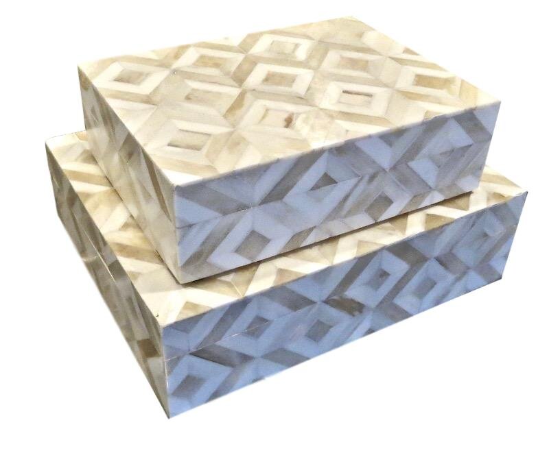 Two Tone Bone Diamond Box Small 8x6x2.5h AOH360 Large 10x8x3h AOH359