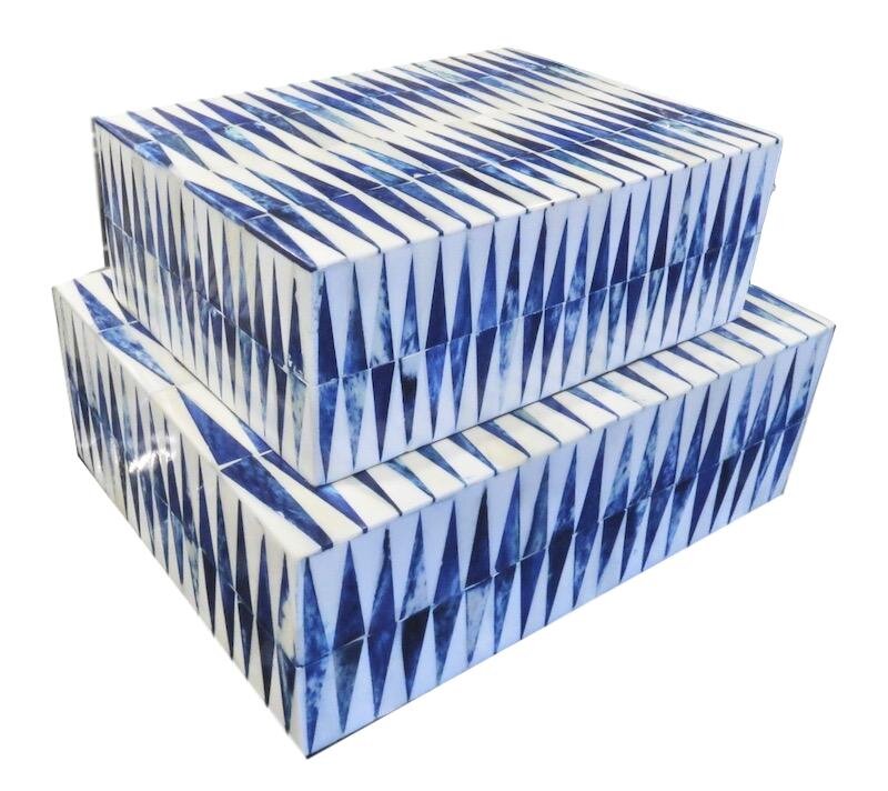 Bone/Resin Blue/White Sawtooth Box Small - 8x6x3h - AOK1353 Large - 10x8x3.5h - AOK1354