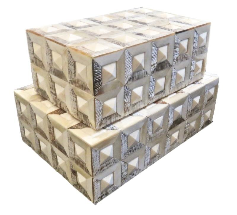 Etched Horn/Bone Raised Geometric Box Small 10x6x4h BIU352S Large 12x8x4h BIU352L
