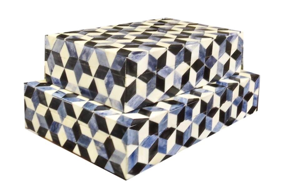 Escher Bone Box in Blue/White/Black Large - 14x9x3h - BIJ980L Small - 12x7x3h - BIJ980S