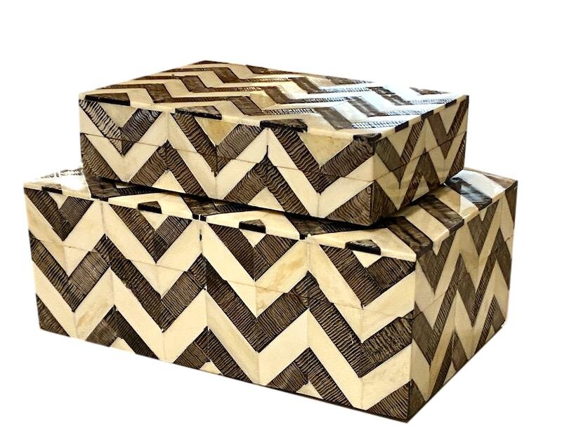 Bone and Etched Horn Chevron Stripe Boxes Small - 6x4x1.5h - BIW320S Large - 8x5x3"h - BIW320L