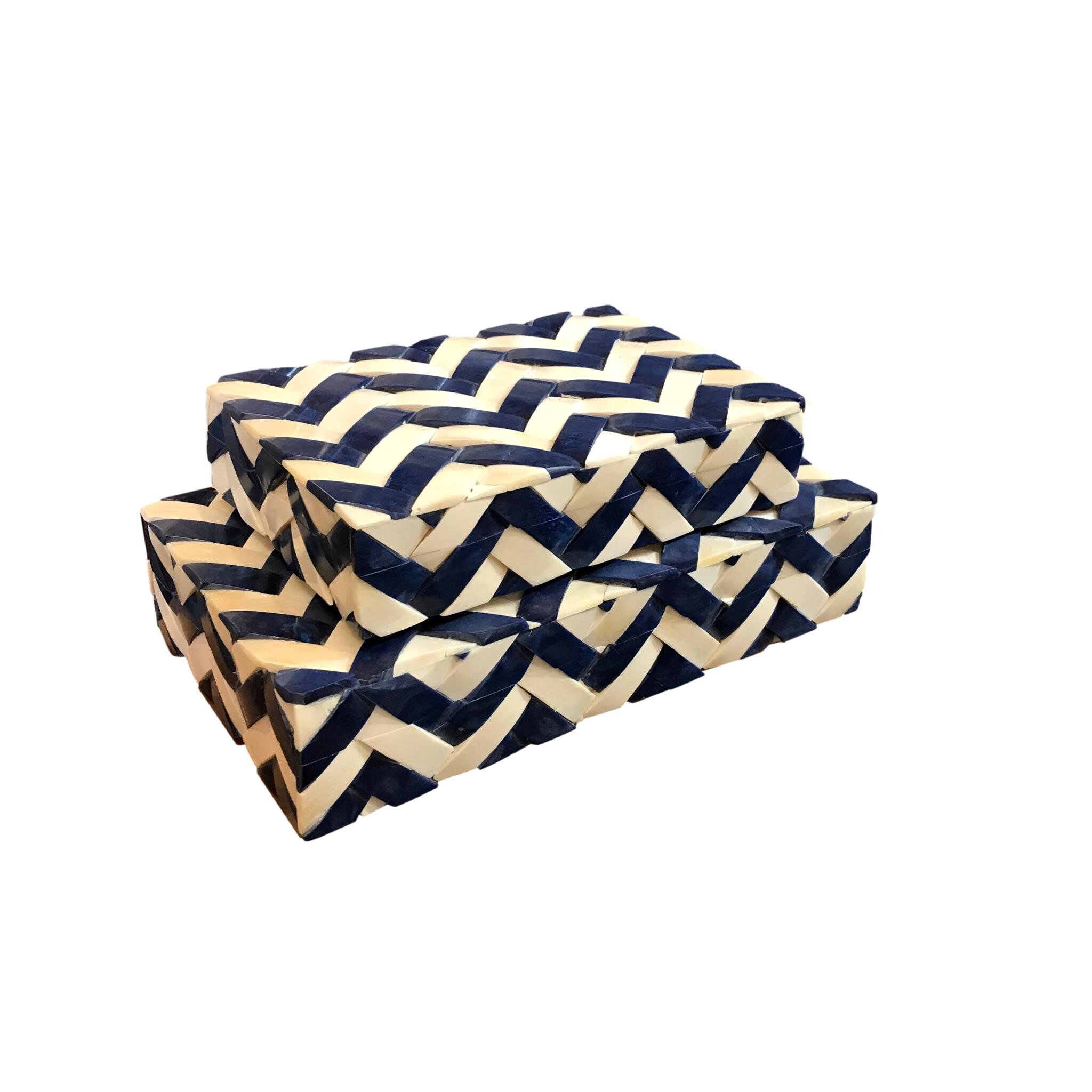 Woven Bone Box in Natural/Lapis Blue Small - 9x6x2h - BIW324S Large - 12x7x2.5h - BIW324L