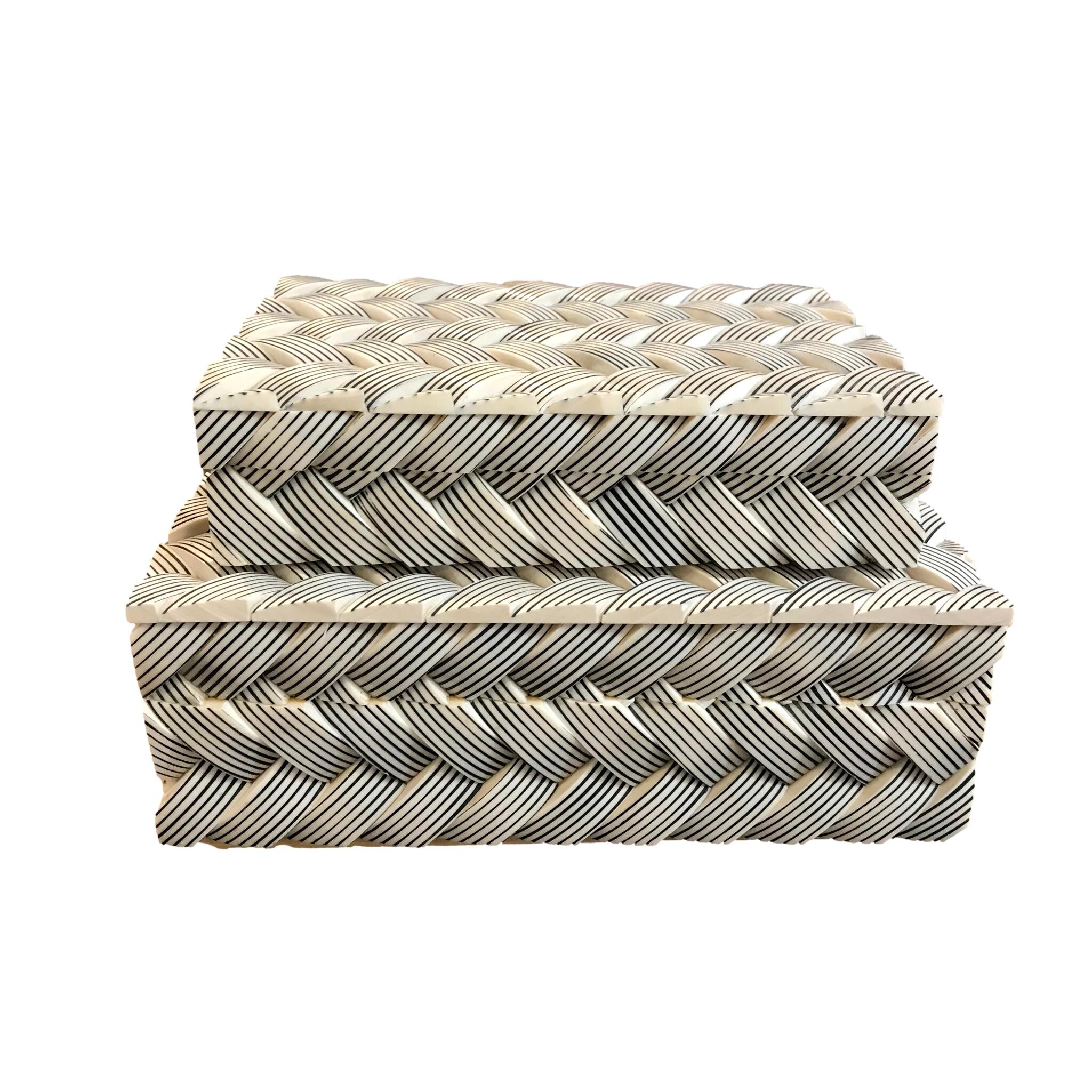 White w/Black Stripe Woven Resin Box Medium - 10.5x7.5x2.5h - BIJ221M Large - 12x9.5x4h - BIJ221L