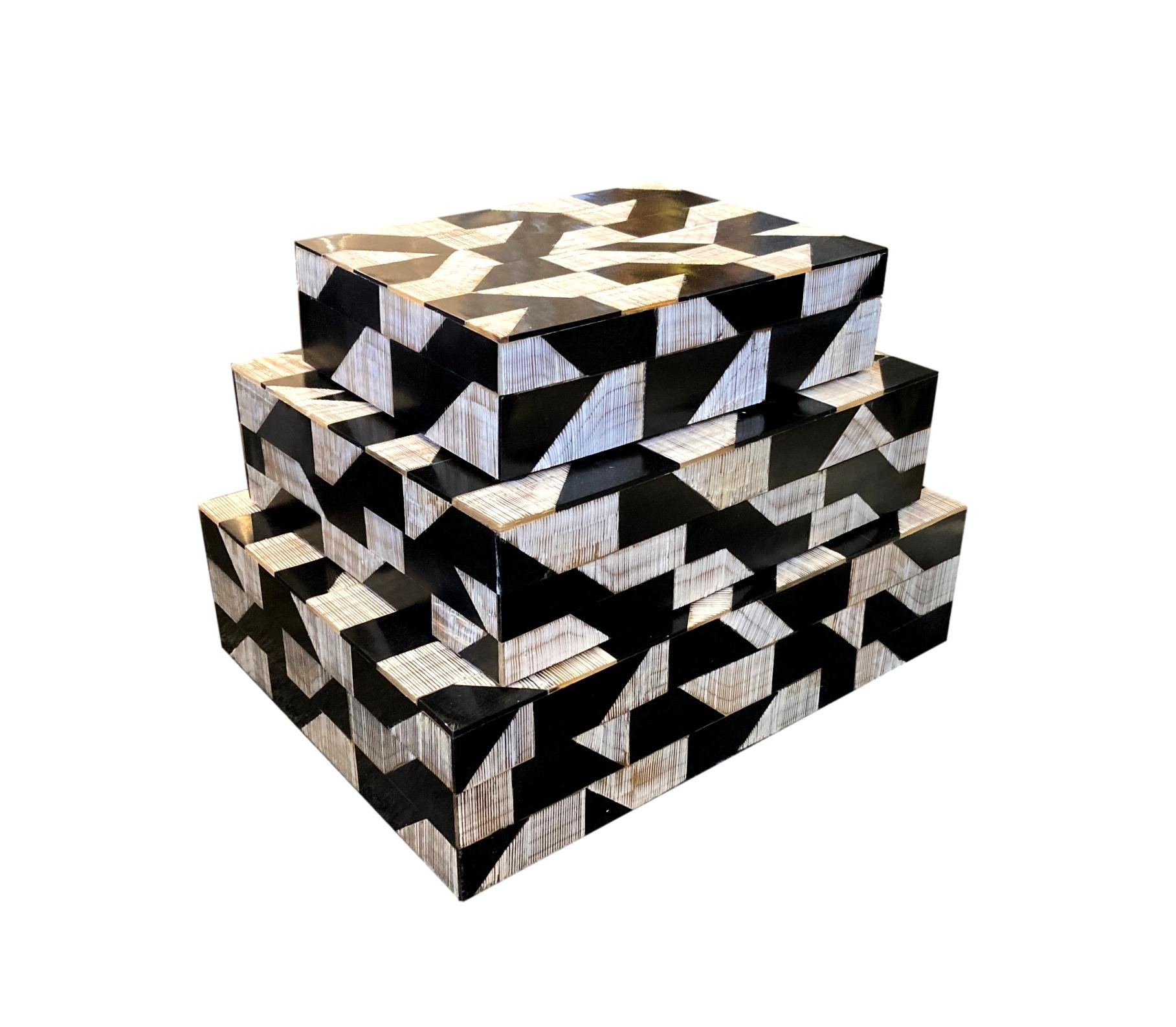 Etched Horn/Ebony Geo Box Small - 9x7x2.5h - BIU112S Medium - 11x9x3h - BIU112M Large - 13x10x4h - BIU112L