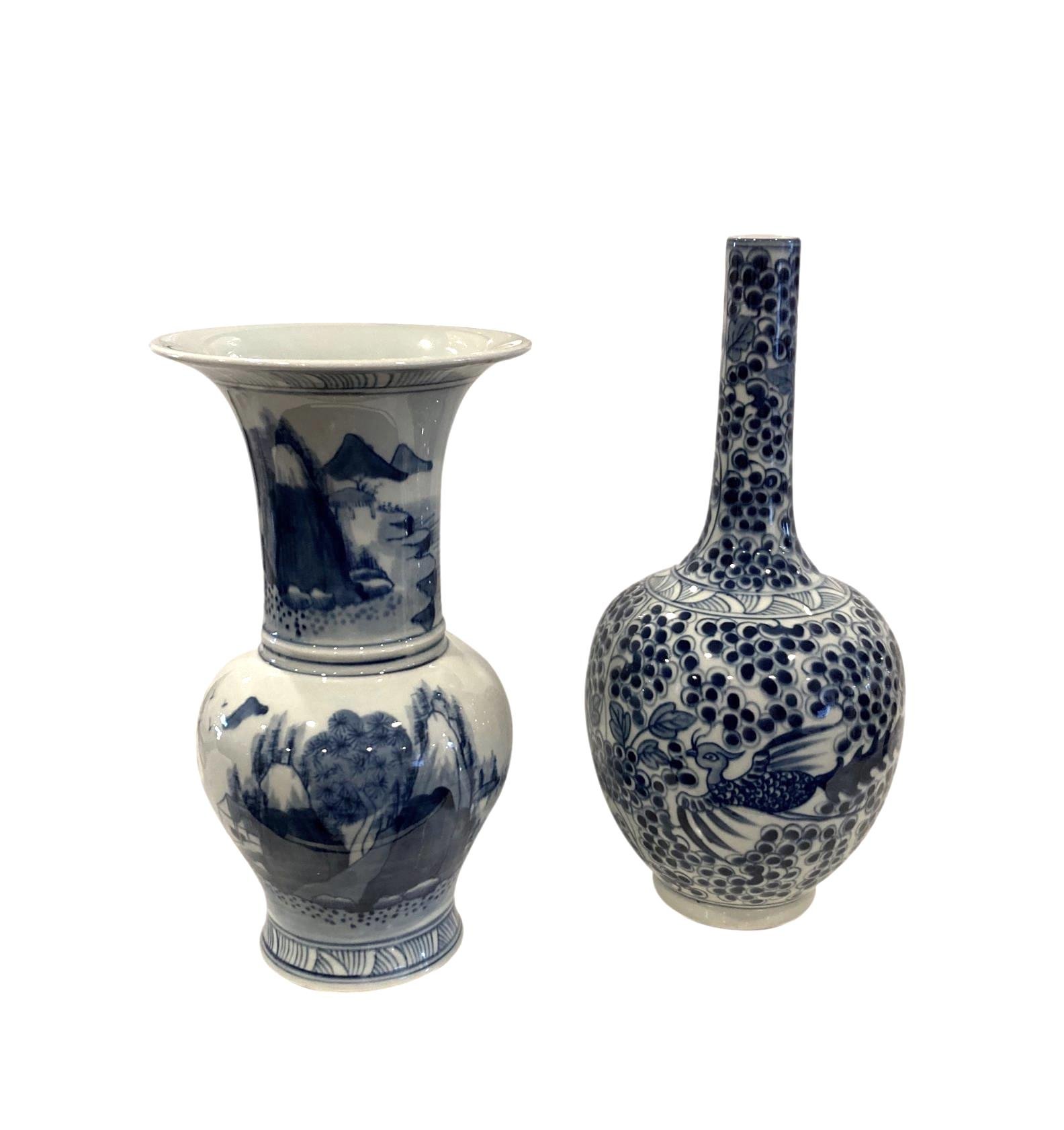 Small Blue & White Wide Mouth Vase 6dx9h - LO1221C Small Blue & White Long Neck Phoenix Vase 5dx11h - LO1221A