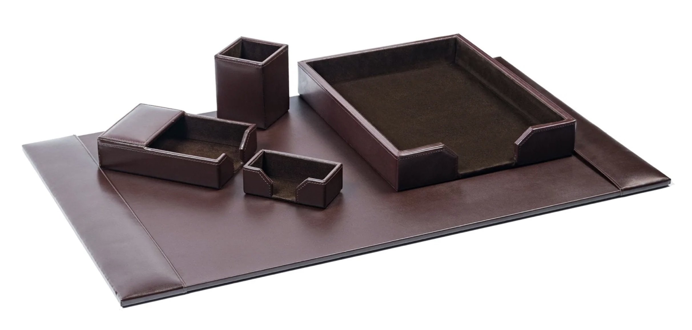 5-Piece Bonded Leather Desk Set, Dark Brown - DOD3602 Blotter - 30x18”; Letter Tray - 10.5x13.5x2h Note Pad Holder - 5x7x1.5h; Pencil Cup - 3x3x4h Business Card Holder - 4.4x2.25x1.5h