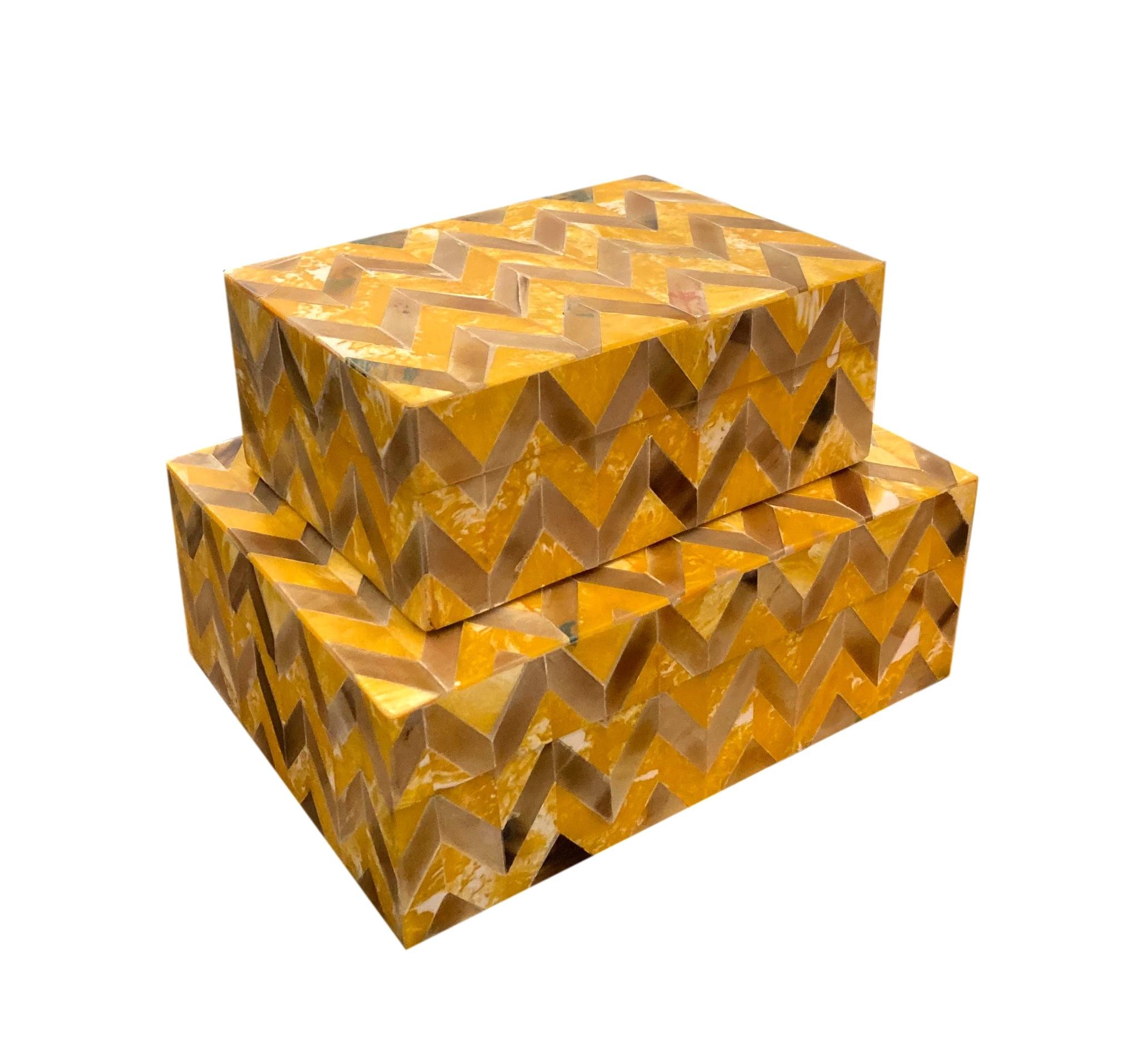 Horn and Resin Chevron Box Saffron Small - 7x5x3"h - BIW128S Large - 9x7x3.5"h - BIW128L