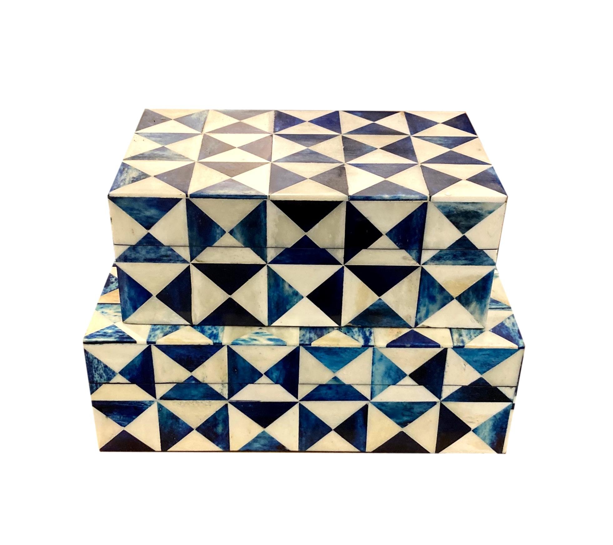 Marrakech Blue and Natural Diamond Pattern Bone Box Small - 7.5x5x3"h - BIT212S Large - 6x9x3"h - BIT212L