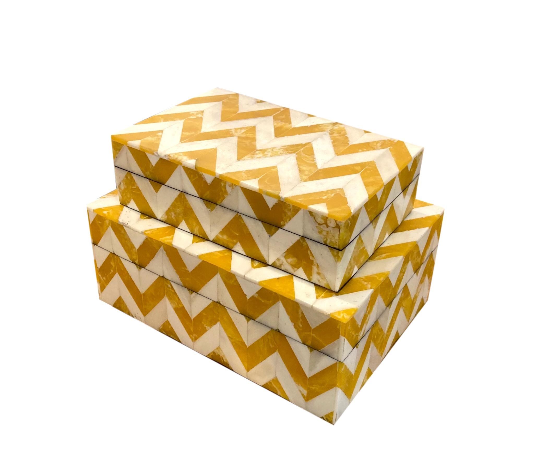 Bone/Resin Chevron Box Saffron Small - 6x4x1.75h - BIT282S Medium - 7x5x3h - BIT282M