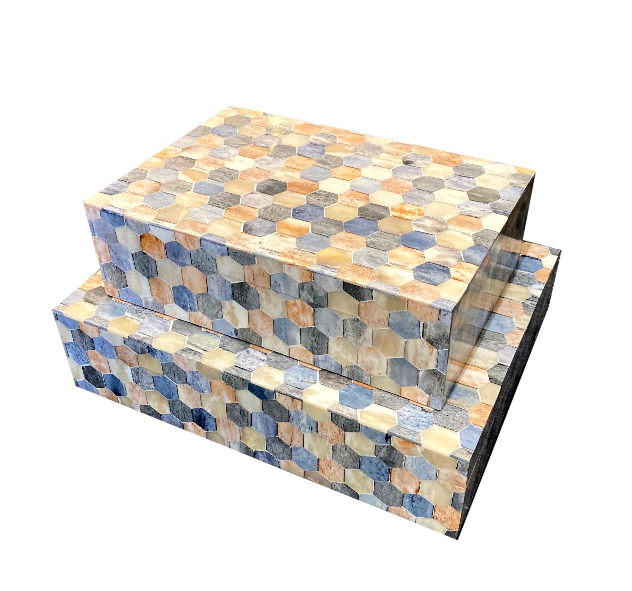 Multi Color Bone Hex Box Medium - 10x7x3h - BIJ732M Large - 12x9x3h - BIJ732L