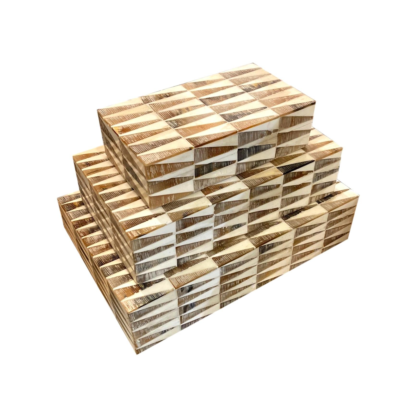Etched Horn and Bone Right Triangle Box Small - 9x5x2.5h - BIU623S Medium - 12x7x3.5h - BIU623M Large - 14x9x4h - BIU623L